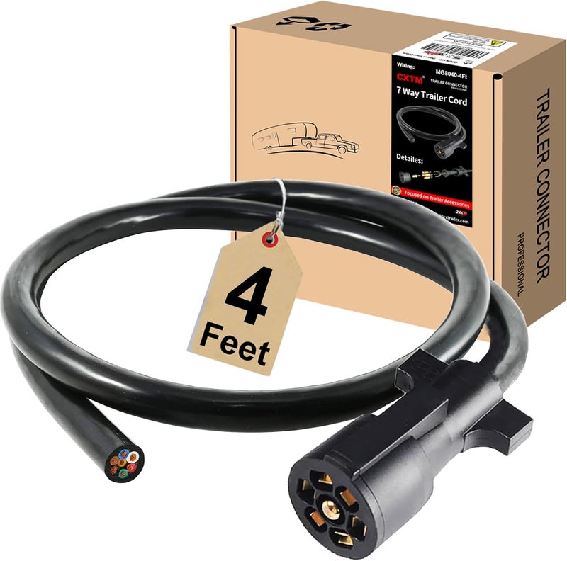 CXTM 7 Way Trailer Cord,4FT Heavy Duty 7 Way Trailer Plug Inline Cord Wire Harness Cable Double Prongs Connector 7 pin Trailer Wiring Harness 4 Feet for Camper Blade Molded RV Cable Wire(4ft) - Image 1